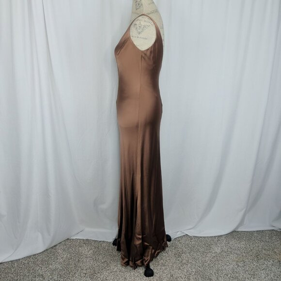 Vintage 90s Carmen Marc Valvo Bronze Formal Gown 4 Small V-Neck - Picture 5 of 10